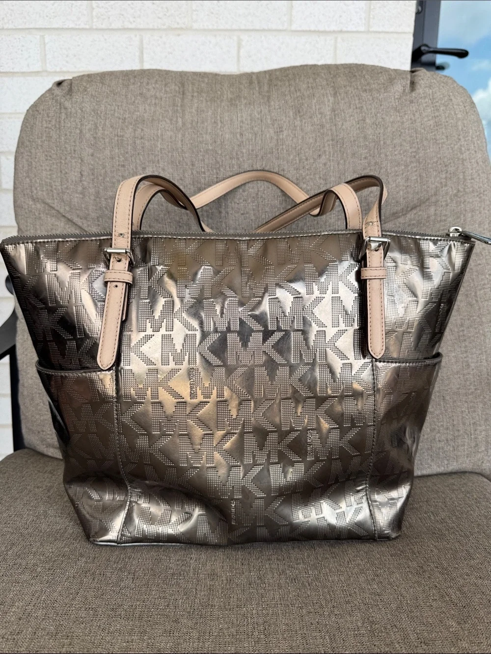 Michael Kors Metallic Bronze MK Tote with Tan Straps and Charm